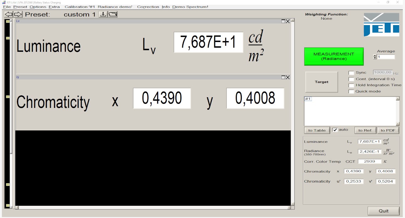 Screenshot with large display of measuring results in the Preset/ Custom menu of the software (the Luminance value can be switched to fL)
